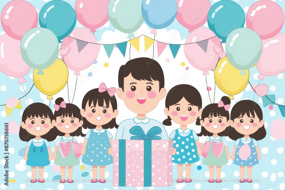 Happy father with four daughters celebrating with balloons and gifts. Perfect for Father's Day, birthday, or family occasions. Happy father with four daughters celebrating with balloons and gifts. Perfect for Father's Day, birthday, or family occasions.