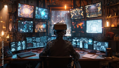 A futuristic workspace with multiple monitors, a sleek laptop, and a person using a VR headset, immersed in a digital environment © Budi