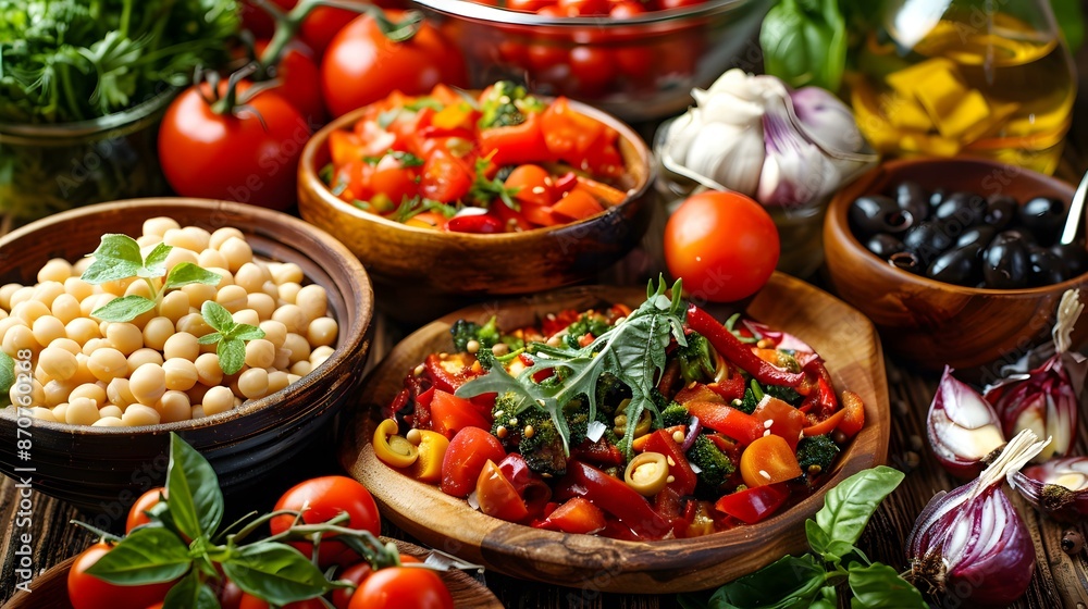Various fresh vegetables and spices on a wooden table Various fresh vegetables and spices on a wooden table