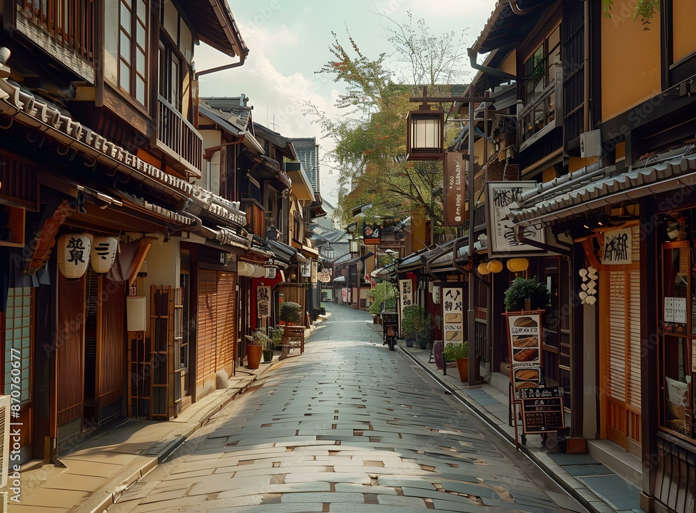 Fototapeta premium An empty narrow street with traditional Japanese architecture on both sides