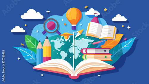 Back to school, School supplies fly from an open book on science and layered craft art style 