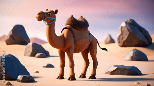 Cute 3D Render of a Cartoon Camel in the Desert photo