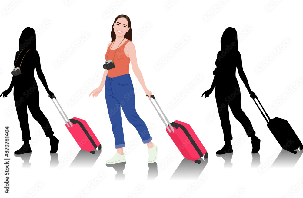 Young woman tourist with camera. Girl in casual clothes with a suitcase. Female traveler goes on a journey. Vector illustration isolated on white Young woman tourist with camera. Girl in casual clothes with a suitcase. Female traveler goes on a journey. Vector illustration isolated on white