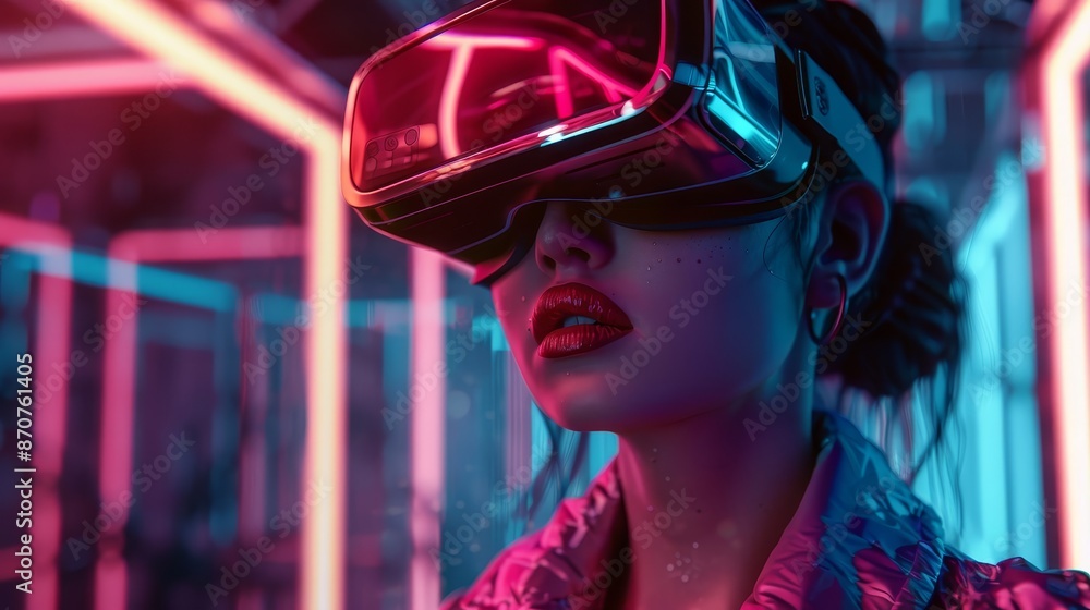 Woman in Neon Lights Wearing Virtual Reality Headset - A young woman with red lips is captured in a close-up portrait. She is wearing a virtual reality headset and is surrounded by vibrant neon light Woman in Neon Lights Wearing Virtual Reality Headset - A young woman with red lips is captured in a close-up portrait. She is wearing a virtual reality headset and is surrounded by vibrant neon light