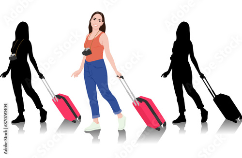 Young woman tourist with camera. Girl in casual clothes with a suitcase. Female traveler goes on a journey. Vector illustration isolated on white