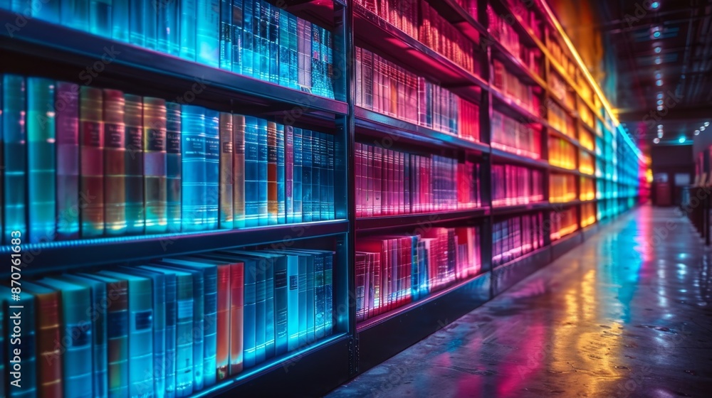 Modern Library with Neon Lighting - Generative AI Modern Library with Neon Lighting - Generative AI
