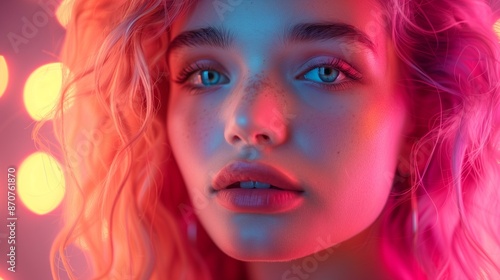 Portrait young woman with curly hair freckles lit with blue red neon lights with focus on eyes lips, vibrant fashion © antkevyv