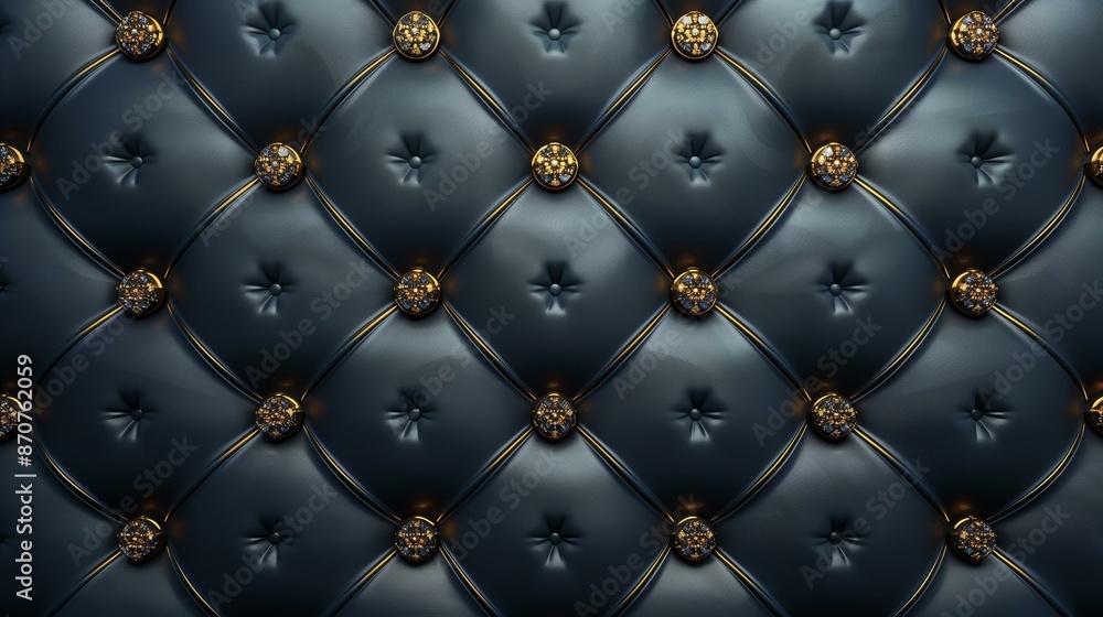 Black leather tufted button pattern with gold buttons, elegant Black leather tufted button pattern with gold buttons, elegant