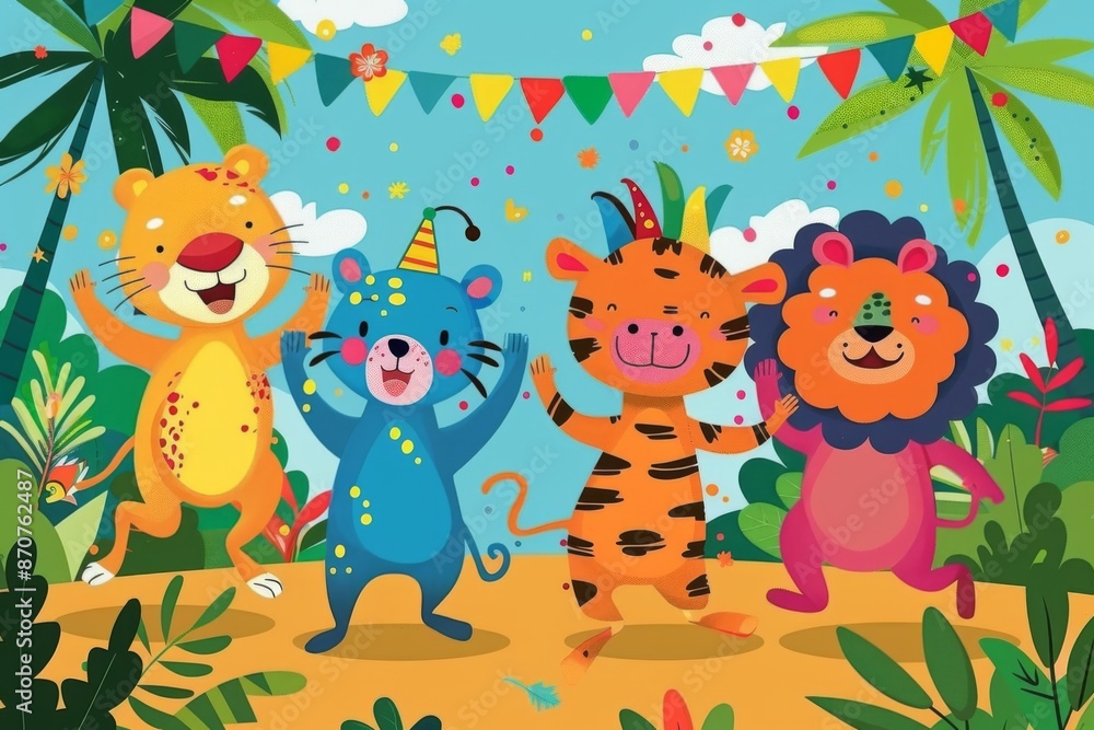 A colorful illustration of animals having fun at a lively carnival in Rio de Janeiro, surrounded by vibrant decorations and music. The atmosphere is joyful and energetic. A colorful illustration of animals having fun at a lively carnival in Rio de Janeiro, surrounded by vibrant decorations and music. The atmosphere is joyful and energetic.