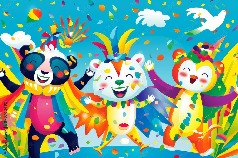 Vibrant animals in costumes dance and play at a lively Rio de Janeiro carnival, surrounded by colorful decorations and joyful energy. The atmosphere is electric and full of excitement! Vibrant animals in costumes dance and play at a lively Rio de Janeiro carnival, surrounded by colorful decorations and joyful energy. The atmosphere is electric and full of excitement!