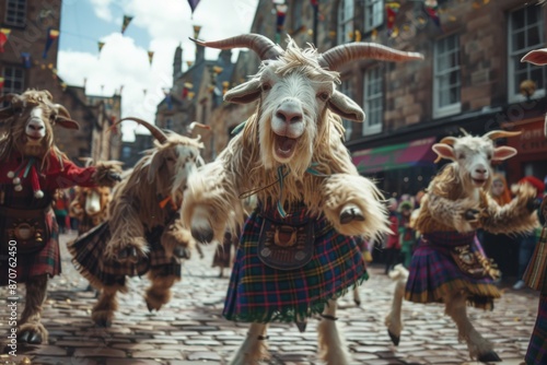 A group of merry animals in traditional Scottish kilts, dancing at a lively festival in Edinburgh. 