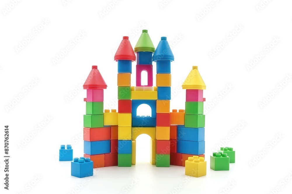 Colorful toy castle made of blocks isolated on white Colorful toy castle made of blocks isolated on white