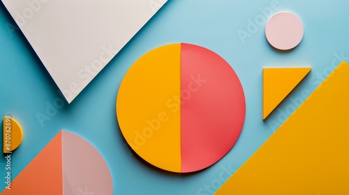 Free Download Abstract Geometric Composition with Bright Colors - A vibrant abstract composition featuring colorful geometric shapes on a light blue background. The shapes include circles, triangles, and a square,  - GFXLoad