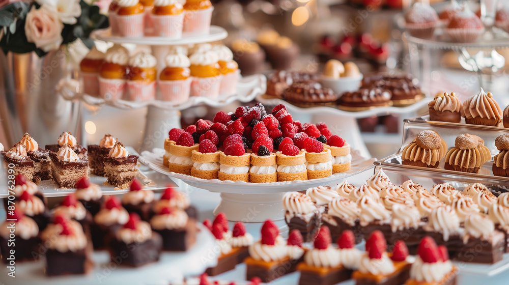 A luxurious dessert table filled with an assortment of cupcakes, pastries, and macarons, elegantly displayed on tiered stands, perfect for a wedding or special event. A luxurious dessert table filled with an assortment of cupcakes, pastries, and macarons, elegantly displayed on tiered stands, perfect for a wedding or special event.