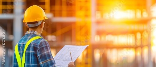 Female civil engineer in a hard hat and reflective vest, reviewing construction plans onsite, depicting women in engineering roles photo