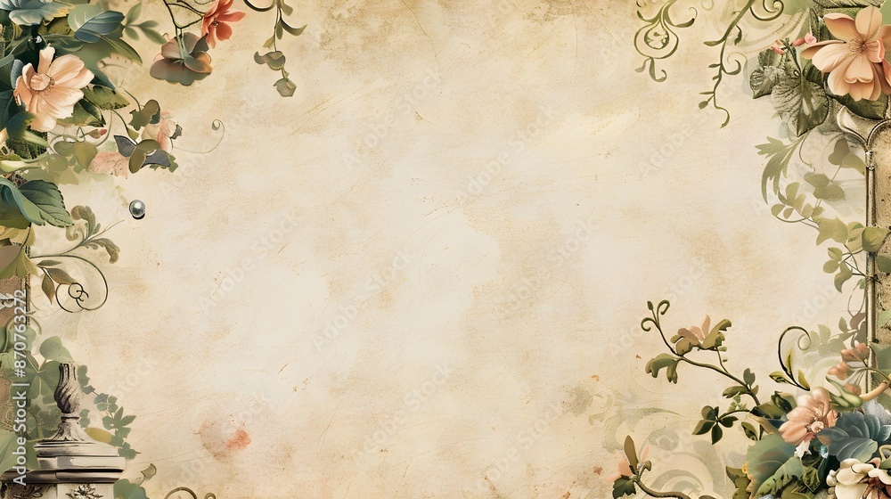 Illustrated Floral Border Frame with Ornamental Details on Aged Parchment Background Illustrated Floral Border Frame with Ornamental Details on Aged Parchment Background
