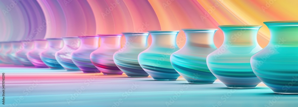 Fototapeta premium Line of colorful gradient vases with a soft, dreamy background. Artistic and elegant home decor concept with copy space.