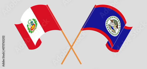 Crossed and waving flags of Peru and Belize