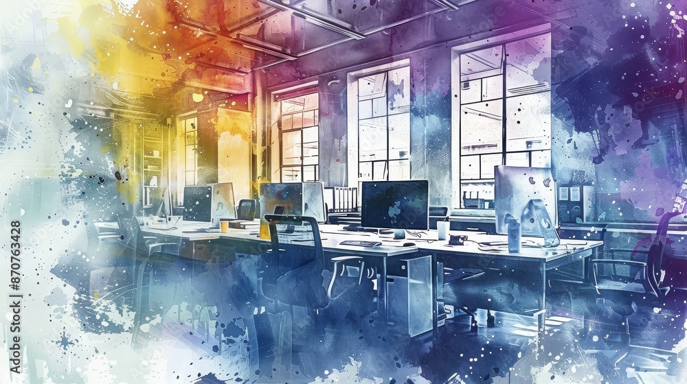 Abstract Watercolor Office Scene - An office setting with desks, chairs, and computer monitors is painted in a dreamy abstract watercolor style. - An office setting with desks, chairs, and computer mo Abstract Watercolor Office Scene - An office setting with desks, chairs, and computer monitors is painted in a dreamy abstract watercolor style. - An office setting with desks, chairs, and computer mo
