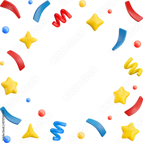 Vector 3d flying party confetti frame background. Colorful Realistic 3d poppers with star, sparkle, bubble, serpentine spirals, ribbon isolated on white. Festive cartoon 3d render firecracker elements