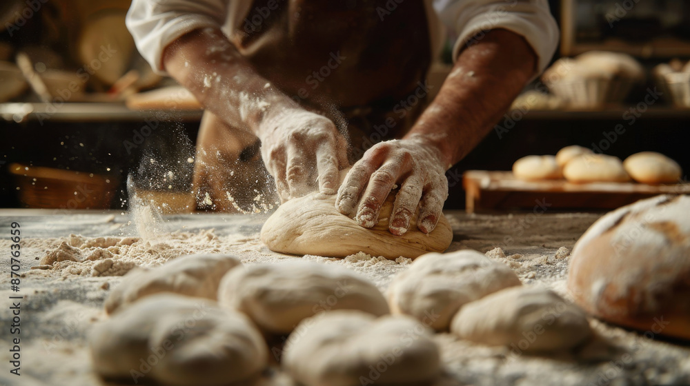 A baker kneading dough on a flour-dusted countertop, getting ready to bake fresh bread A baker kneading dough on a flour-dusted countertop, getting ready to bake fresh bread