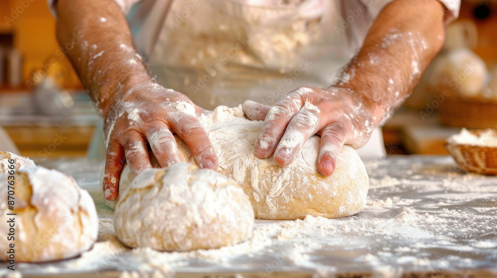 A baker kneading dough on a flour-dusted countertop, getting ready to bake fresh bread A baker kneading dough on a flour-dusted countertop, getting ready to bake fresh bread