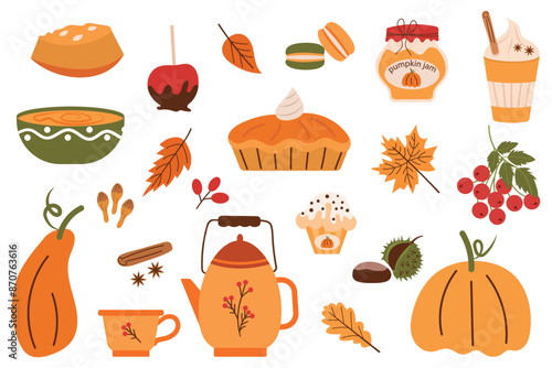 A set of pumpkin dishes for the holiday table. Vector illustration for autumn holidays using pumpkin, spices, caramelized apple, eps 10