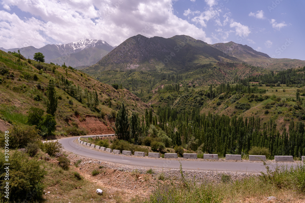 Naklejka premium A mountain range with a winding road that leads to the top