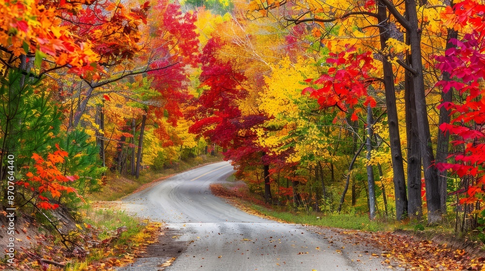 Autumnal Road Through a Canopy of Vibrant Colors - A winding road leads through a forest adorned in fiery hues of red, orange, and yellow, creating a breathtaking autumnal landscape. - A winding road Autumnal Road Through a Canopy of Vibrant Colors - A winding road leads through a forest adorned in fiery hues of red, orange, and yellow, creating a breathtaking autumnal landscape. - A winding road