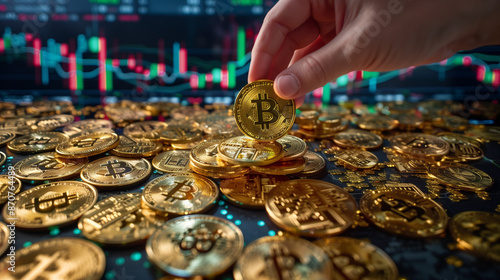 Hand Picking Bitcoin with Stock Market Charts in Background