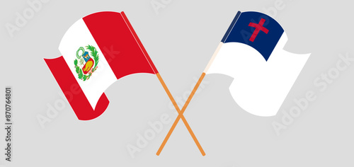 Crossed and waving flags of Peru and christianity