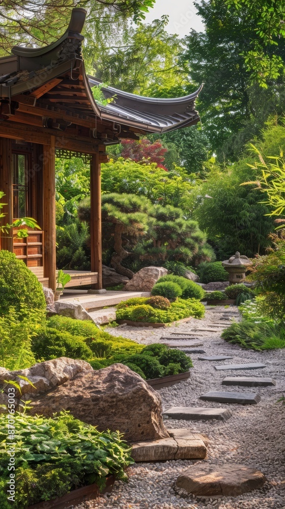 Japanese garden with traditional wooden house, summer day. Serenity and relaxation concept Japanese garden with traditional wooden house, summer day. Serenity and relaxation concept