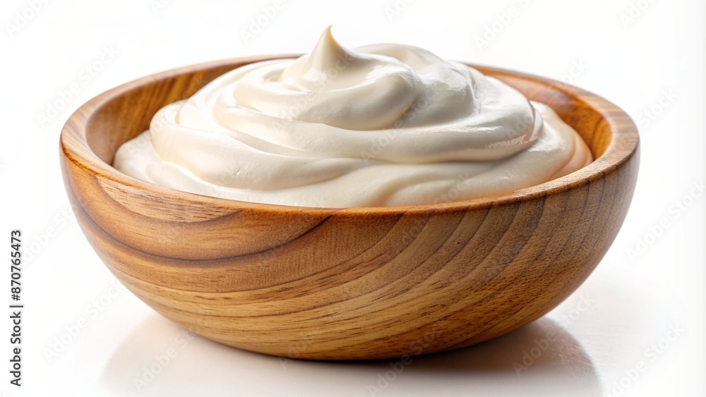 Sour cream in a wooden bowl on white background Sour cream in a wooden bowl on white background