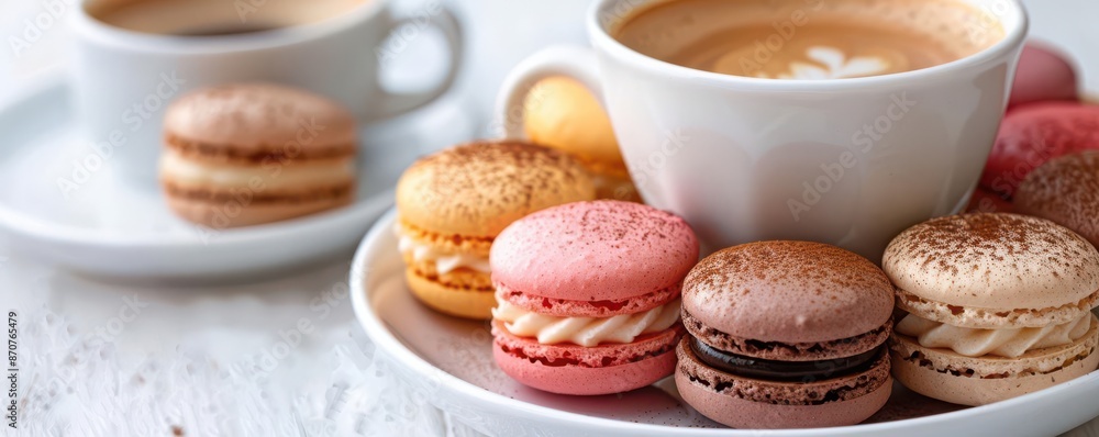 Closeup of macarons and coffee on a plate, white background, detailed and vibrant, appetizing composition Closeup of macarons and coffee on a plate, white background, detailed and vibrant, appetizing composition