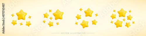Vector 3d gold sparkle star collection on yellow background. Cute realistic cartoon 3d render, sparkling yellow shining stars illustration set for magic decoration, web, game, app, design, nursery.