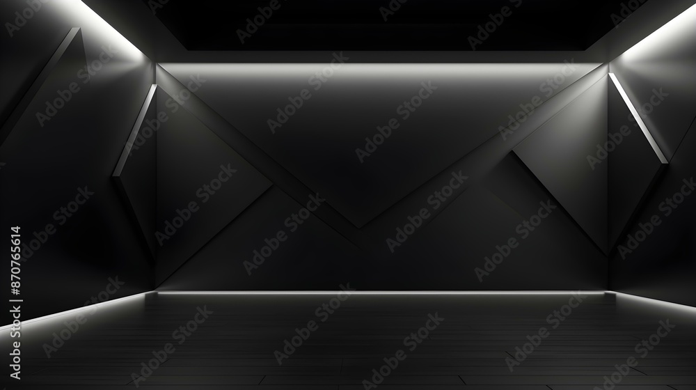 Modern black geometric Interior with Neon Lighting. Empty Room for Product Presentation Modern black geometric Interior with Neon Lighting. Empty Room for Product Presentation