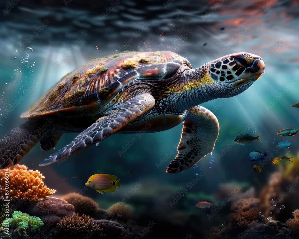 Fototapeta premium A turtle swimming in the ocean with a school of fish swimming around it