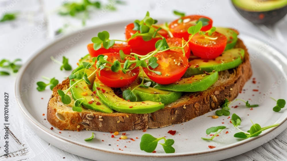 Delicious Avocado Toast with Fresh Cherry Tomatoes Microgreens Minimalist Soft Colors High-Quality Stock Photo Delicious Avocado Toast with Fresh Cherry Tomatoes Microgreens Minimalist Soft Colors High-Quality Stock Photo