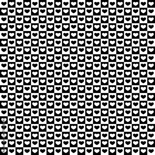 Black hearts on warped wavy checkerboards seamless pattern, for black valentine backgrounds, wrapping paper and textile.