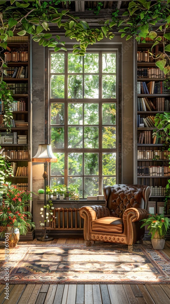 Fototapeta premium Cozy Old Library with Leather Armchair and Shelves of Books in Sunlit Room