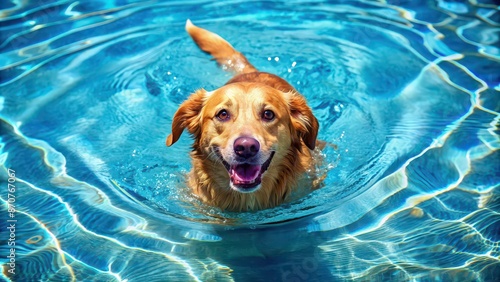 Cheerful brown dog happily swimming in crystal blue pool water, dog, pet, happy, swimming, water, pool, fun, cheerful