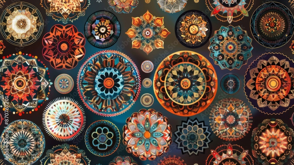 A captivating image depicting an intricate collection of colorful, geometric mandalas arranged in a complex, visually stunning grid pattern. A captivating image depicting an intricate collection of colorful, geometric mandalas arranged in a complex, visually stunning grid pattern.