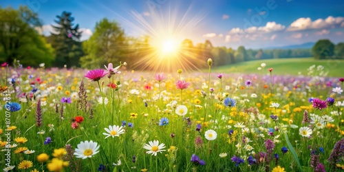 Fototapeta Naklejka Na Ścianę i Meble -  Wild flowers blooming on a sunny spring day in a meadow, wildflowers, spring, meadow, colorful, nature, botanical, fresh