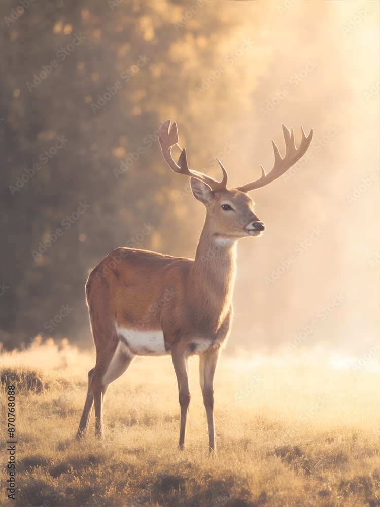 Fototapeta premium Deer grazing in the field, wildlife photography, peaceful nature scene, grazing deer in natural habitat.