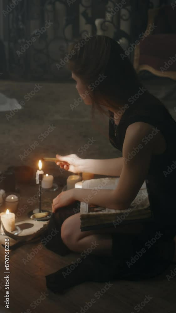 Vertical side shot of young Caucasian enchantress sitting on floor near burning candles and lighting palo santo stick to clear old mansion from negative energy before performing dark ceremony