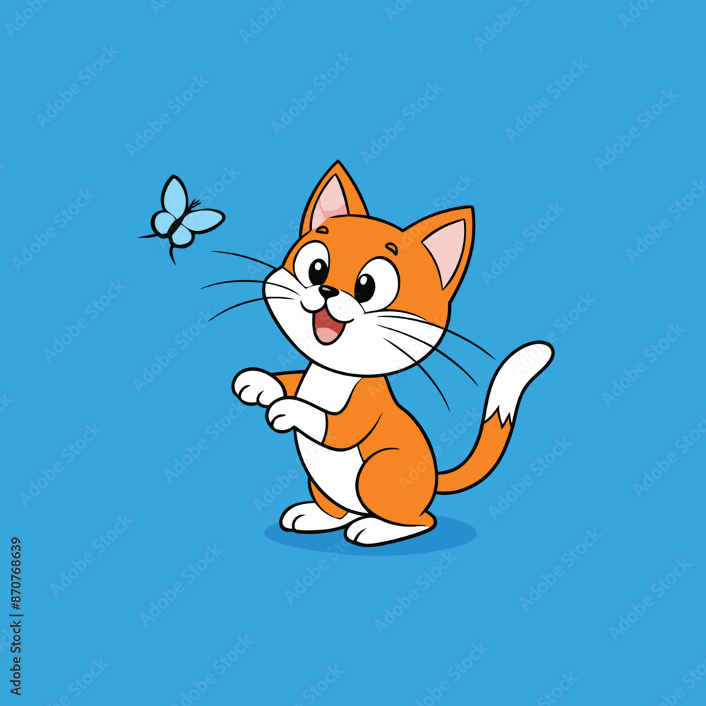 Fototapeta premium Silhouette of a cat playing with a butterfly, design element isolated on a white background. Vector illustration for cutting, logo. Ai generate