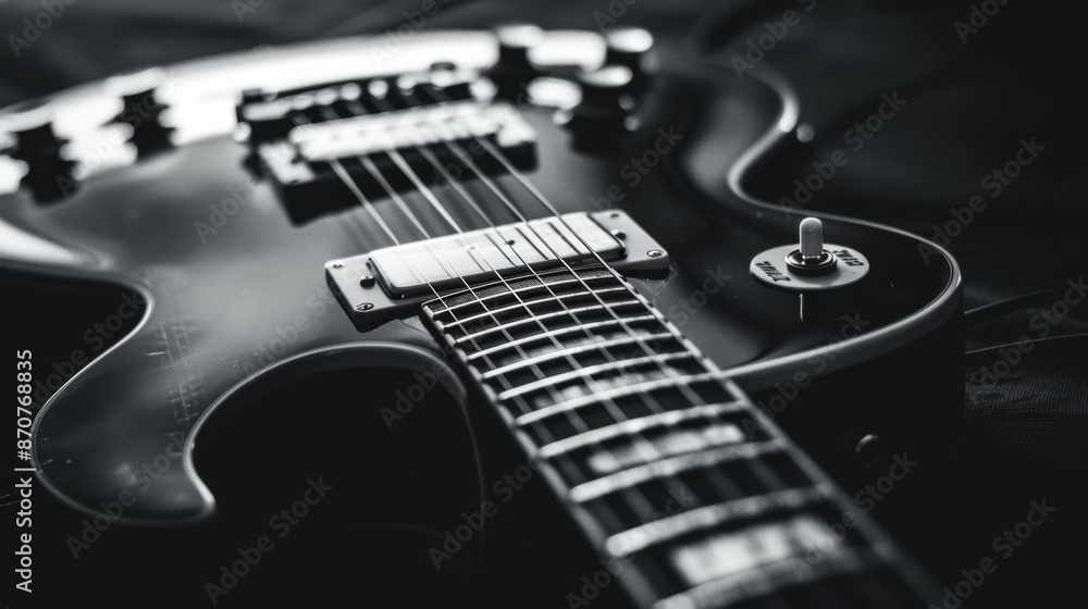 A black and white closeup image of a vintage electric guitar with plenty of copy space A black and white closeup image of a vintage electric guitar with plenty of copy space