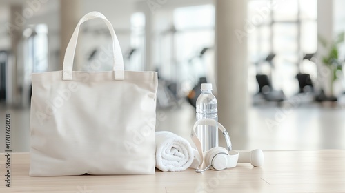A white mockup canvas tote bag, a bottle of water, a towel, and a pair of headphones are sitting on a wooden table in a modern, bright, and airy gym.