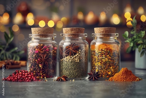 Exotic oriental spices in glass jars, detailed and vibrant, sleek gray background, realistic style, dynamic lighting, 4k resolution, artistinspired photo