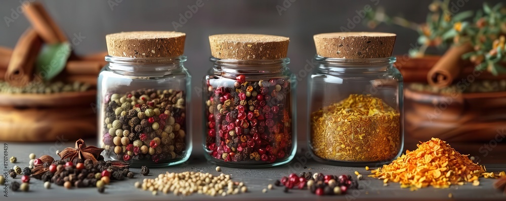 Glass jars with exotic oriental spices on sleek gray background, high detail, vibrant colors, realistic style, 4k resolution, dynamic lighting Glass jars with exotic oriental spices on sleek gray background, high detail, vibrant colors, realistic style, 4k resolution, dynamic lighting